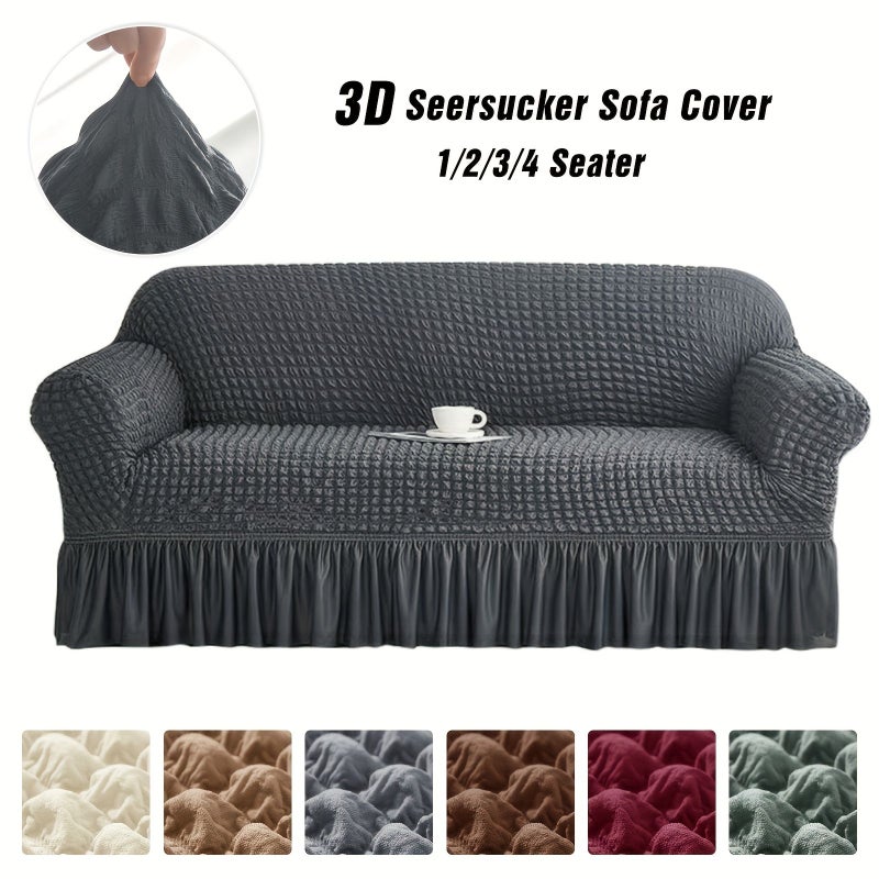 9# Dark Gray 4 Seater Seersucker Full Coverage Elastic Armrest Sofa Cover - Image 1