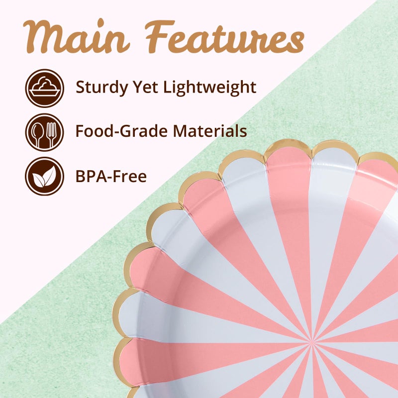 Confettiville Party Paper Plates, 50-Pack, Disposable Paper Plates, Gold Foil Scalloped Edge, Striped Pastel, 6 Colors, 9-Inch - Image 5