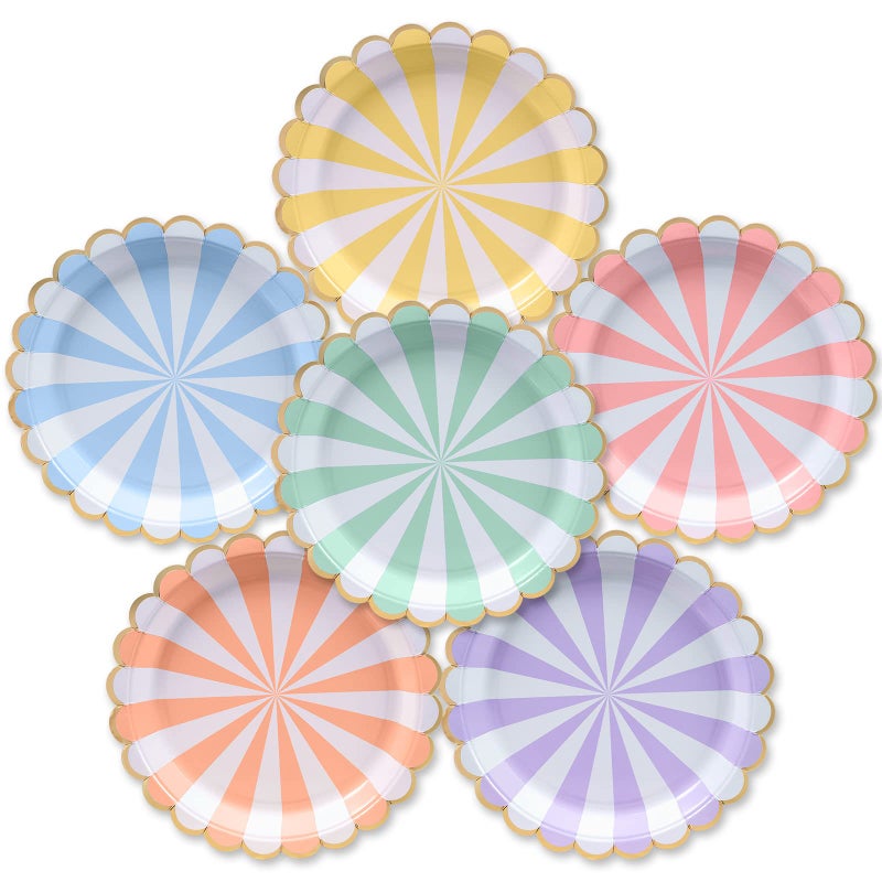 Confettiville Party Paper Plates, 50-Pack, Disposable Paper Plates, Gold Foil Scalloped Edge, Striped Pastel, 6 Colors, 9-Inch - Image 1