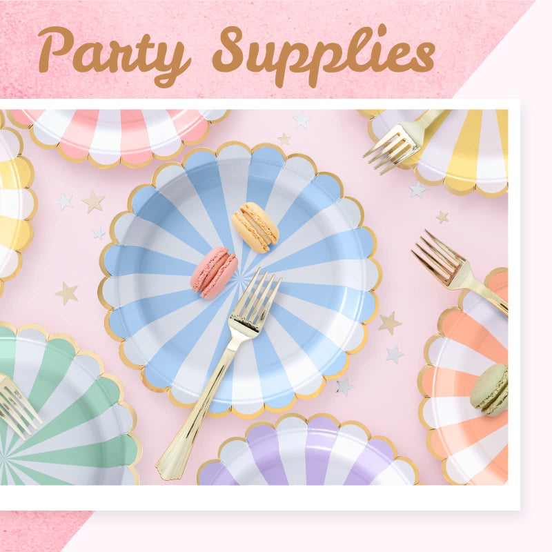 Confettiville Party Paper Plates, 50-Pack, Disposable Paper Plates, Gold Foil Scalloped Edge, Striped Pastel, 6 Colors, 9-Inch - Image 3