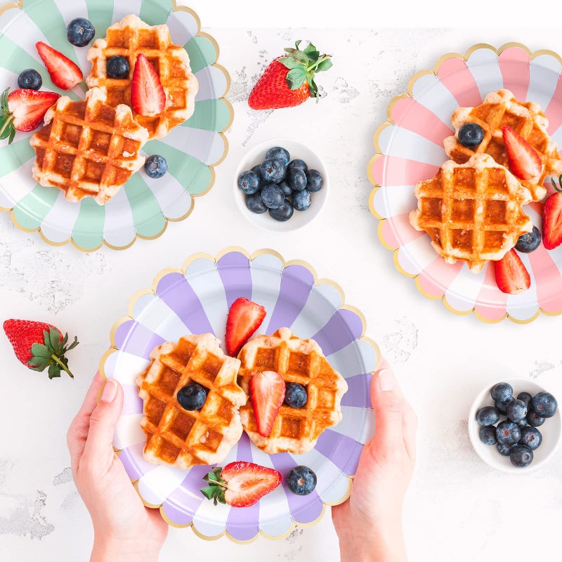 Confettiville Party Paper Plates, 50-Pack, Disposable Paper Plates, Gold Foil Scalloped Edge, Striped Pastel, 6 Colors, 9-Inch - Image 2