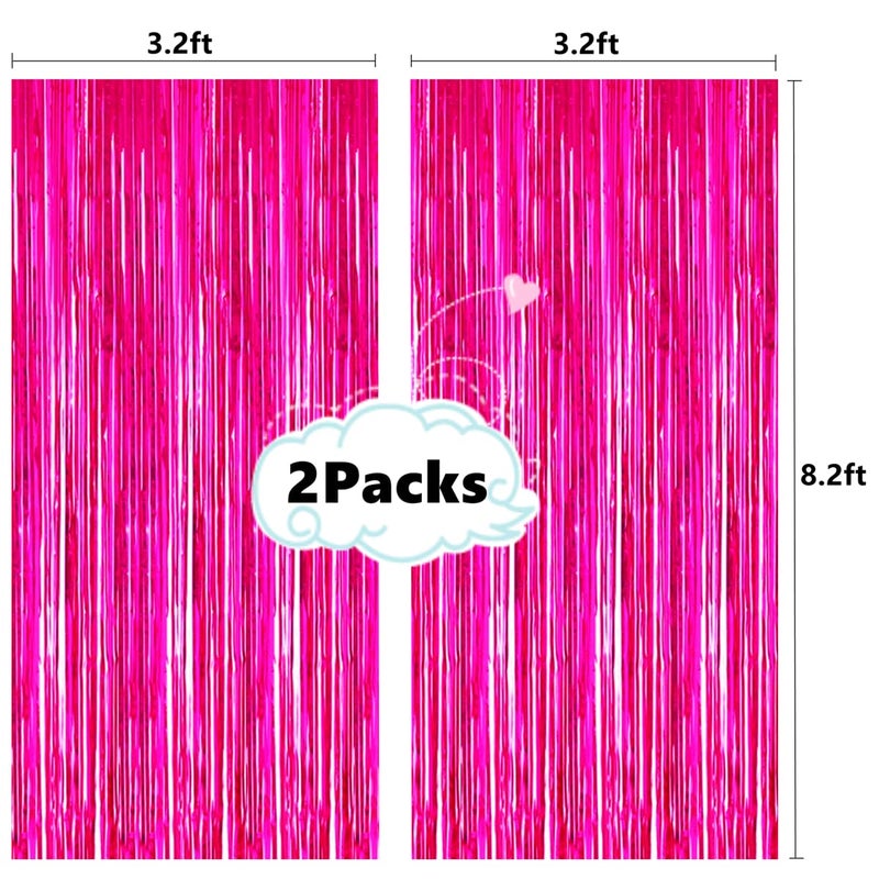 i-CHONY 2 Pcs 3.2ft x 8.2ft Shiny Hot Pink Metallic Tinsel Foil Fringe Curtains Photo Booth Backdrop for Birthday Wedding Holiday Celebration Bachelorette Party Decorations (Hot Pink) - Image 2