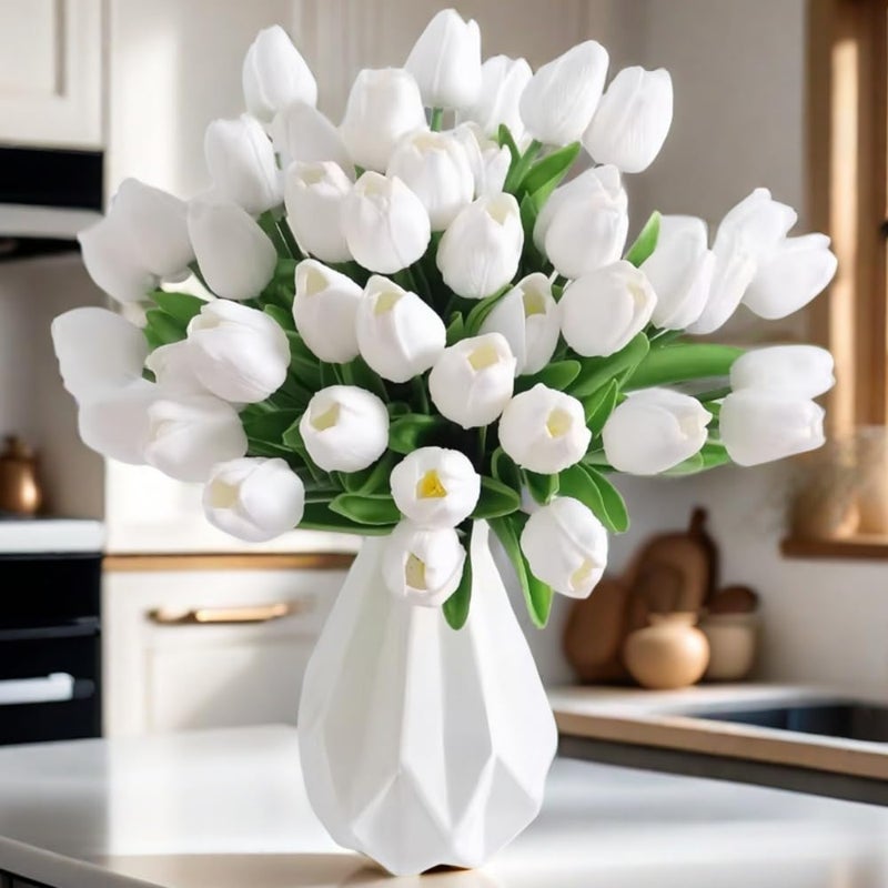 شاين كو لايتينج SHINE-CO LIGHTING PU Real Touch زهور التوليب الاصطناعية 30 قطعة باقة زهور لتزيين المنزل والمكتب والزفاف (أبيض) - Image 1