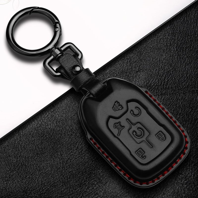 Tukellen Compatible with Chevrolet Leather Key Fob Cover with Keychain,fit 2015-2020 Tahoe Suburban GMC Yukon Smart Remote Key Shell, Genuine Leather for Chevy Key case(6 Buttons)-Black(Red line) - Image 4