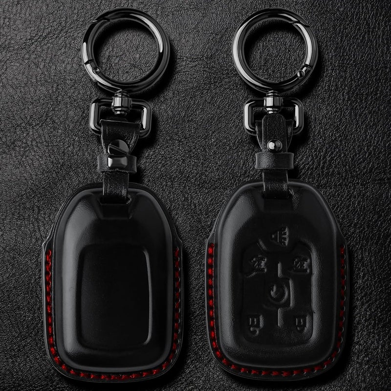 Tukellen Compatible with Chevrolet Leather Key Fob Cover with Keychain,fit 2015-2020 Tahoe Suburban GMC Yukon Smart Remote Key Shell, Genuine Leather for Chevy Key case(6 Buttons)-Black(Red line) - Image 3