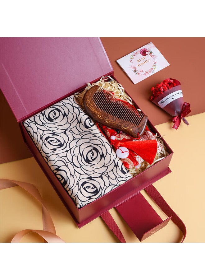 Hang Silk House Hangsi Mansion Silk Scarf Gift Box Set, Two-piece Scarf Shawl For Mother's Birthday Mother's Day Gift Women Practical Dark Night Wooden Comb - Image 2