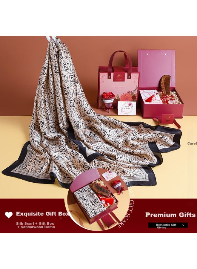 Hang Silk House Hangsi Mansion Silk Scarf Gift Box Set, Two-piece Scarf Shawl For Mother's Birthday Mother's Day Gift Women Practical Dark Night Wooden Comb - Image 1