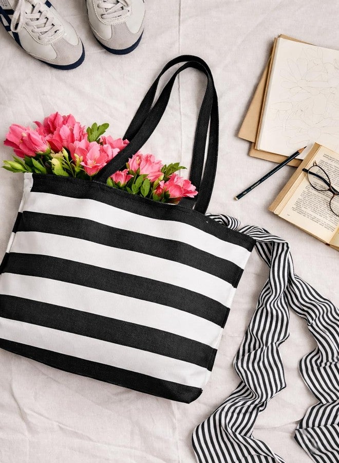 CRAZYWEAVES Tote Bag for Women, Reusable Grocery Shopping Bag in High Density Cotton Fabric, Shoulder Carry Bag for Office, Travel & Daily Use, Black Stripe - Image 4