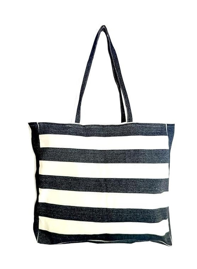 CRAZYWEAVES Tote Bag for Women, Reusable Grocery Shopping Bag in High Density Cotton Fabric, Shoulder Carry Bag for Office, Travel & Daily Use, Black Stripe - Image 2