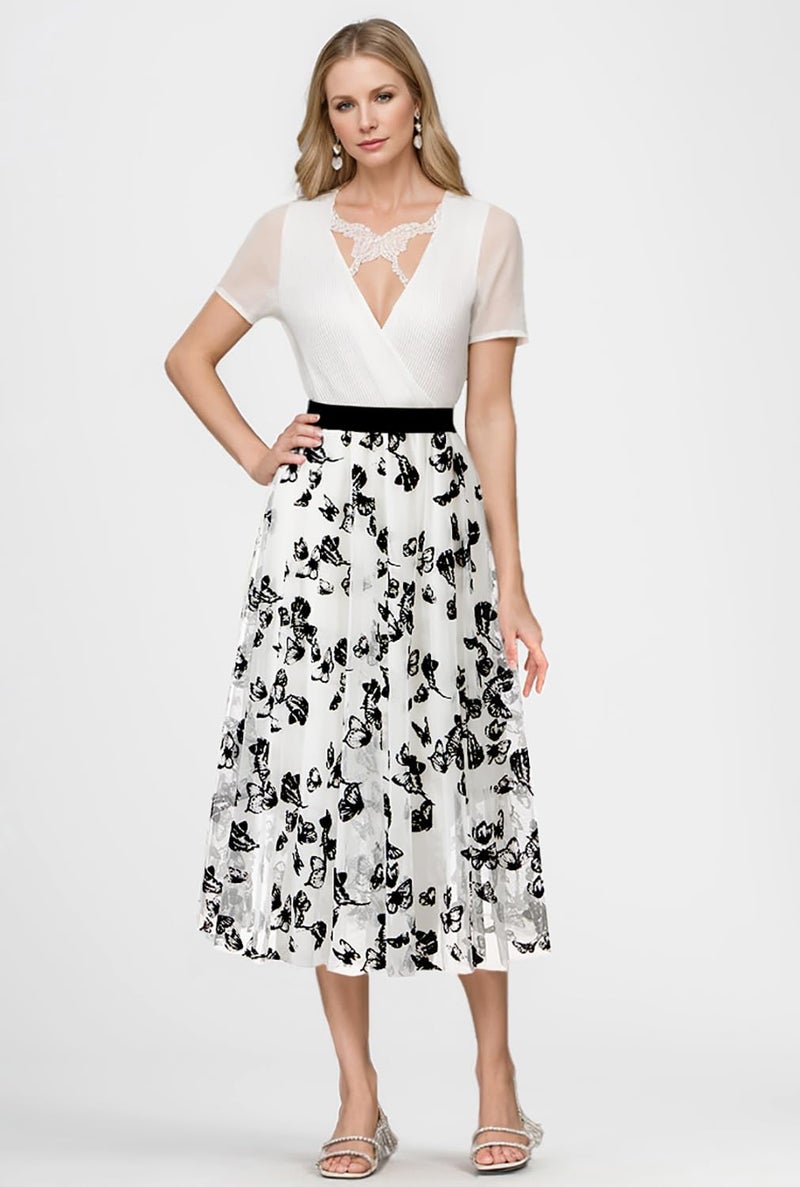 Reaowazo Skirts for Women Midi Long Length Dressy Casual Trendy Summer Tulle A-Line Floral High Waist Skirt White XS - Image 3