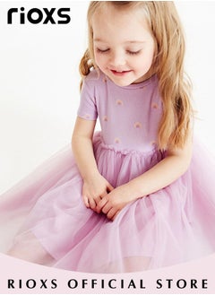 RIOXS Girls Stylish A-line Tutu Dress, Short Sleeve Round Neck Dress with Adorable Patterns, Wonderful Summer Dresses for Girls, Comfortable to Wear, Suitable for Daily Wear, Vacation and Other Occasions, Great Gift Choice for Girls  - Image 4
