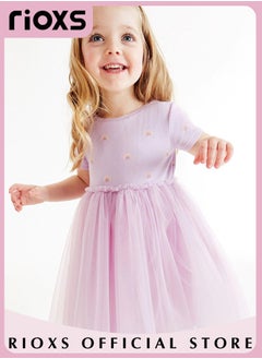 RIOXS Girls Stylish A-line Tutu Dress, Short Sleeve Round Neck Dress with Adorable Patterns, Wonderful Summer Dresses for Girls, Comfortable to Wear, Suitable for Daily Wear, Vacation and Other Occasions, Great Gift Choice for Girls  - Image 2
