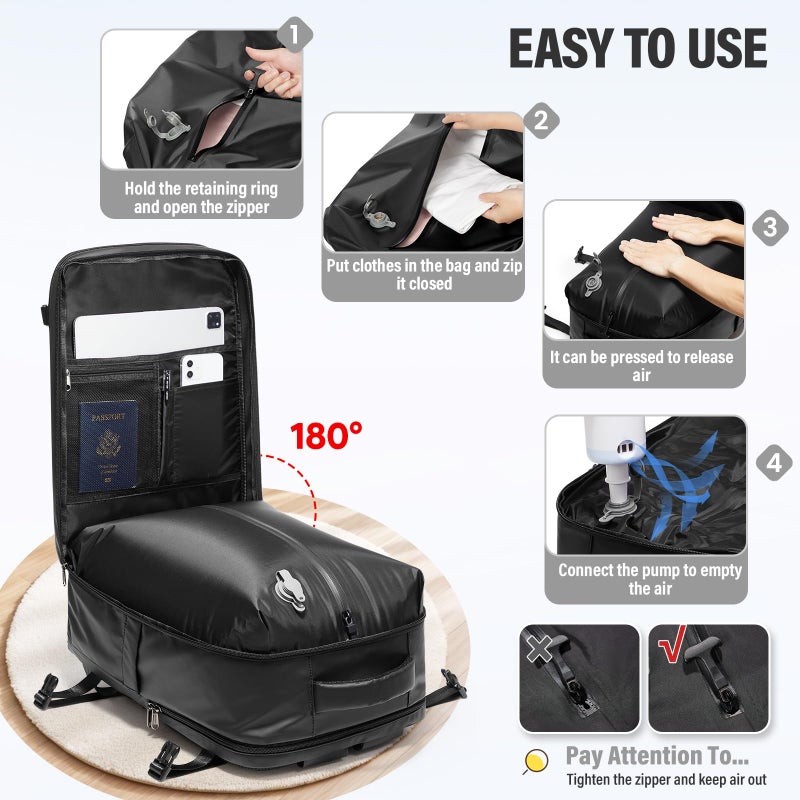 WEPLAN Vacuum Backpack Travel with Pump,Water Resistant Airbag Travel Backpack,Personal Item Carry on Backpacks Flight Approved 18x14x8 inches,Laptop Backpacks,Black - Image 3