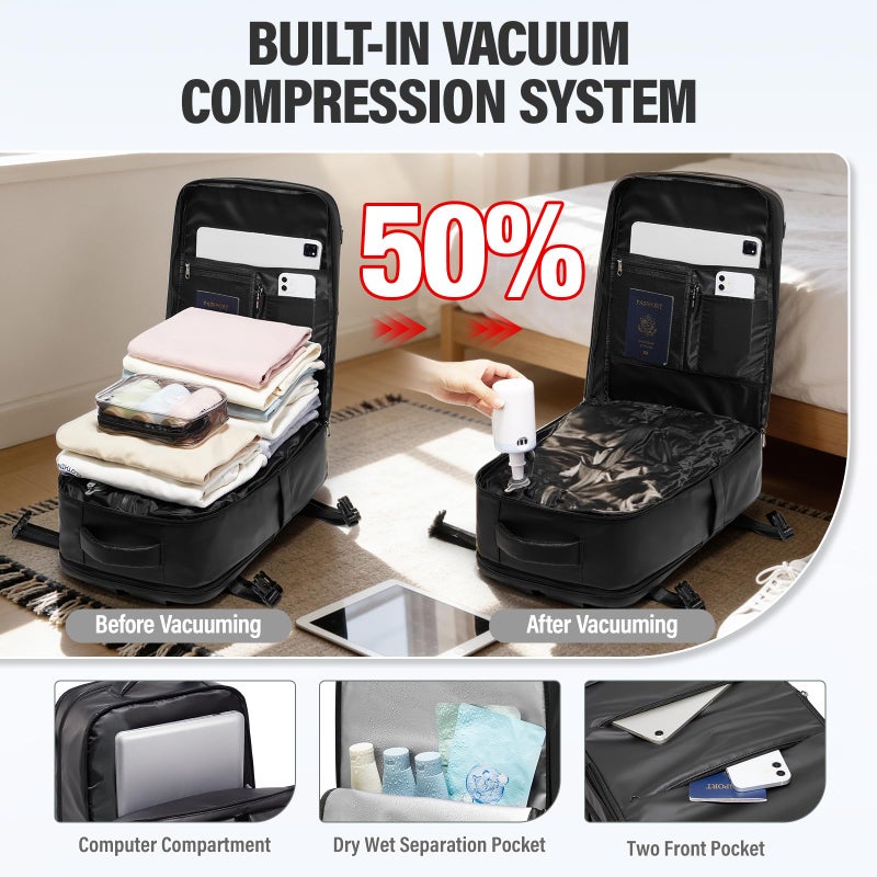 WEPLAN Vacuum Backpack Travel with Pump,Water Resistant Airbag Travel Backpack,Personal Item Carry on Backpacks Flight Approved 18x14x8 inches,Laptop Backpacks,Black - Image 2