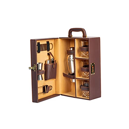 Abrazo Faux Leather Portable Bar Set | Portable Bar Set | Bar Tool Set | Bartender Kit | Brown 3 Glass | Cocktail Shaker | Barset for Picnic | Gifting | Gifting for Men | 8 Piece Barset - Image 1