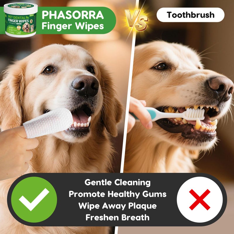 PHASORRA Dog Dental Care Wipes - 60Ct Tooth Brushing kit, Heavy Duty Teeth Cleaning for Dogs & Cats, Remove Tartar & Plaque, Dog Breath Freshener, Dog Toothbrush & Toothpaste Alternatives - Image 2