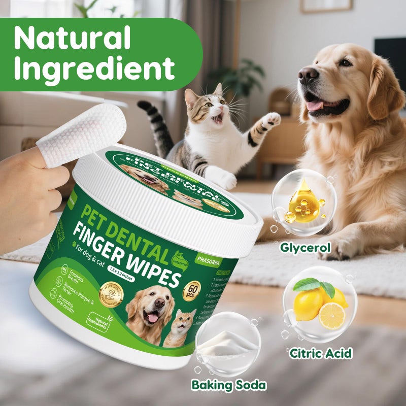 PHASORRA Dog Dental Care Wipes - 60Ct Tooth Brushing kit, Heavy Duty Teeth Cleaning for Dogs & Cats, Remove Tartar & Plaque, Dog Breath Freshener, Dog Toothbrush & Toothpaste Alternatives - Image 5