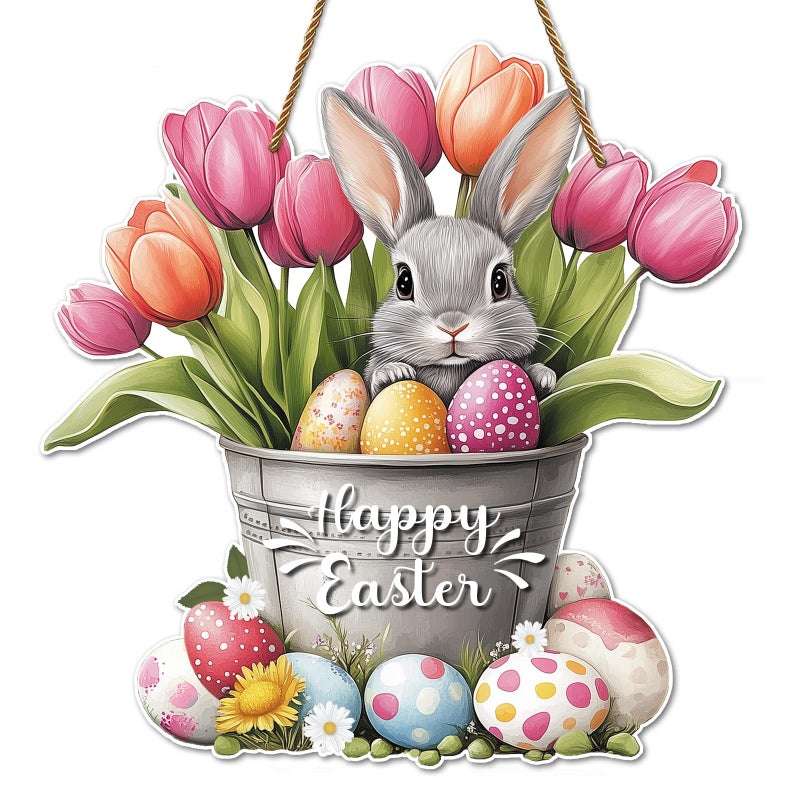 Hoblynth Happy Easter Door Decoration Bunny Floral Bucket Hanging Sign for Decor for Front Door 114 Easter door wreath for Home Decor Spring Rabbit Wall Hanger for Porch Outdoor Indoor - Image 2