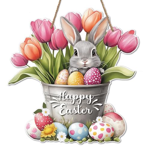 Hoblynth Happy Easter Door Decoration Bunny Floral Bucket Hanging Sign for Decor for Front Door 114 Easter door wreath for Home Decor Spring Rabbit Wall Hanger for Porch Outdoor Indoor - Image 1
