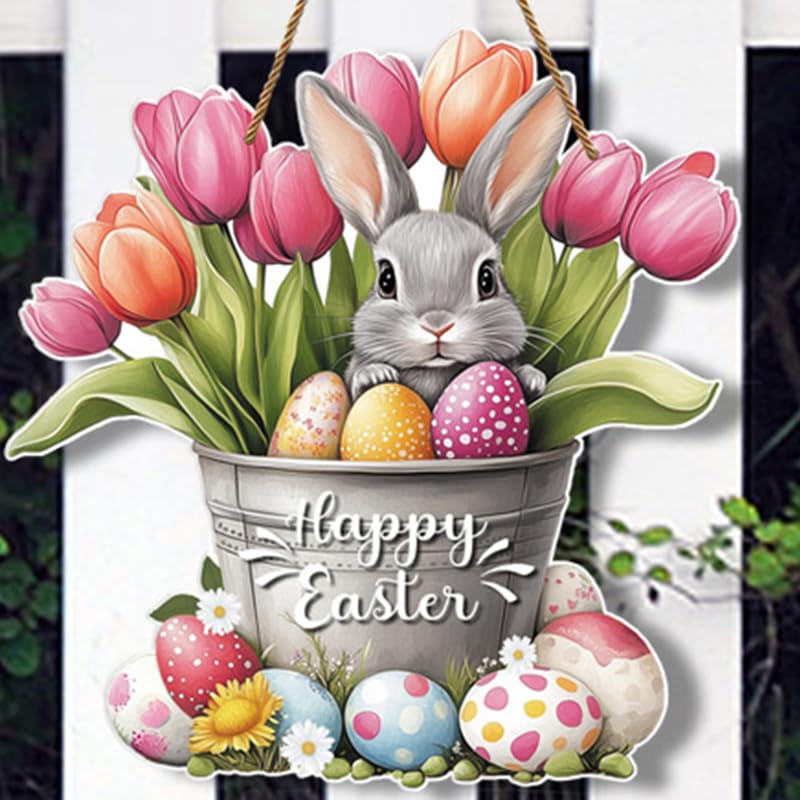 Hoblynth Happy Easter Door Decoration Bunny Floral Bucket Hanging Sign for Decor for Front Door 114 Easter door wreath for Home Decor Spring Rabbit Wall Hanger for Porch Outdoor Indoor - Image 3