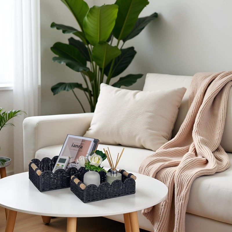 Cubesland Scalloped Edge Decor Baskets For Home  Living Room  Toilet Paper Storage Basket For Over Toilet Shelf  End Table Shelves And More  Small Paper Rope Baskets Both Storage&Decor  Set 2 Black - Image 4