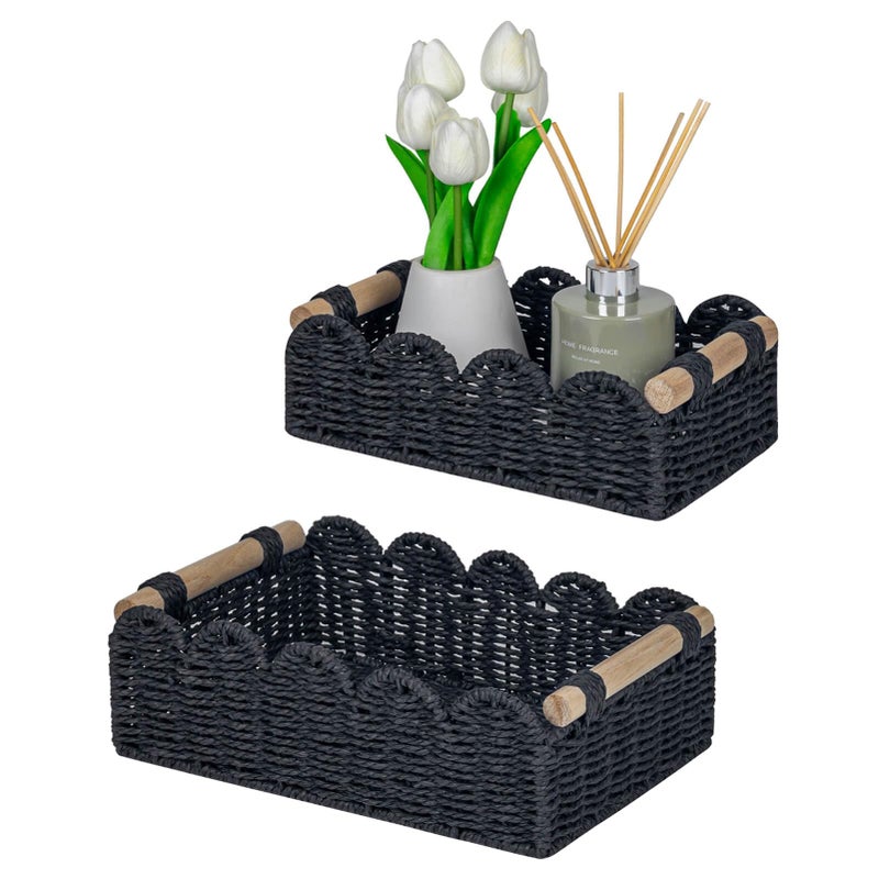 Cubesland Scalloped Edge Decor Baskets For Home  Living Room  Toilet Paper Storage Basket For Over Toilet Shelf  End Table Shelves And More  Small Paper Rope Baskets Both Storage&Decor  Set 2 Black - Image 1
