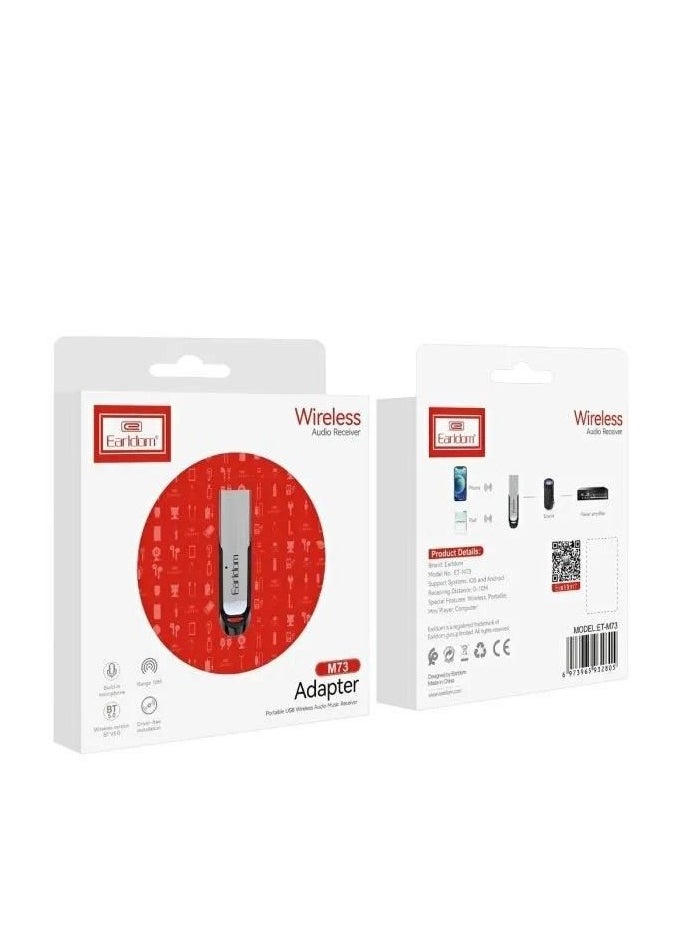 Earldom Wireless Audio Receiver ET-M73 . Bluetooth V5.0 + EDR with Built-in Microphone , USB Adapter for Playing Music on Car Audio Systems or Speakers , Compatible with iOS and Android , Operating Range up to 10m , Small and Portable Design , Stylish Silver Color  - Image 3
