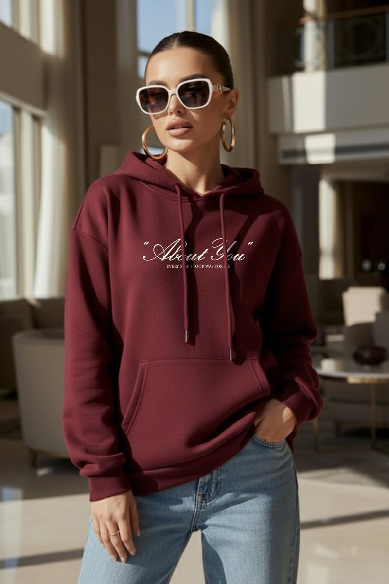 JUNEBERRY® Polycotton Spun Oversized Fit Drop Shoulder Hooded Sweatshirt Full Sleeves Front Graphic Printed Jumper Hoodie for Women (OS_JB_HD_ABTU_TR_XXL) Tibetan Red - Image 2