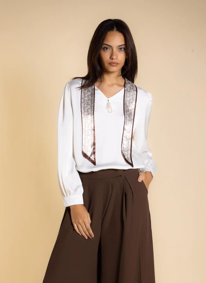 Shapes White SATIN BLOUSE WITH NECK TIE for Women | Best Price UAE
