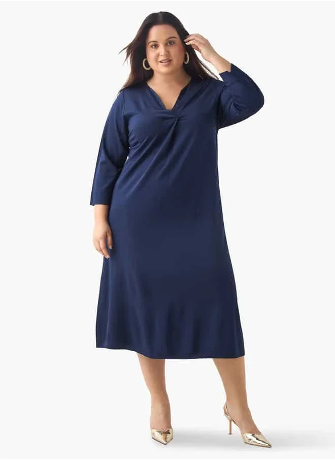  أولا بوبكن Plus Size Ulla Popken V-Neck Midi Dress with 3/4 Sleeves and Slit Detail