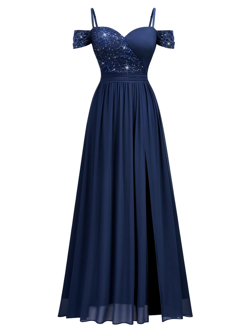 Miusol Women's Off Shoulder Elegant Sequined Split Spaghetti Straps Wedding Maxi Dress (X-Large, Navy Blue) - Image 4