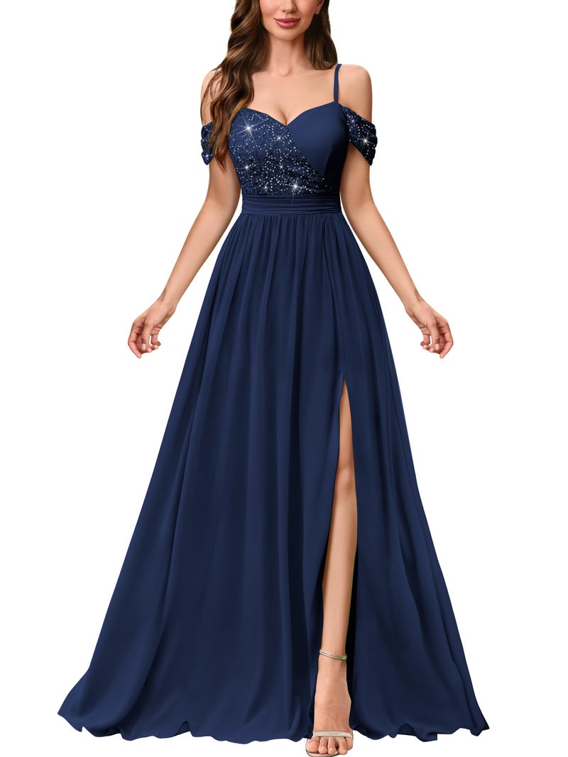 Miusol Women's Off Shoulder Elegant Sequined Split Spaghetti Straps Wedding Maxi Dress (X-Large, Navy Blue) - Image 1