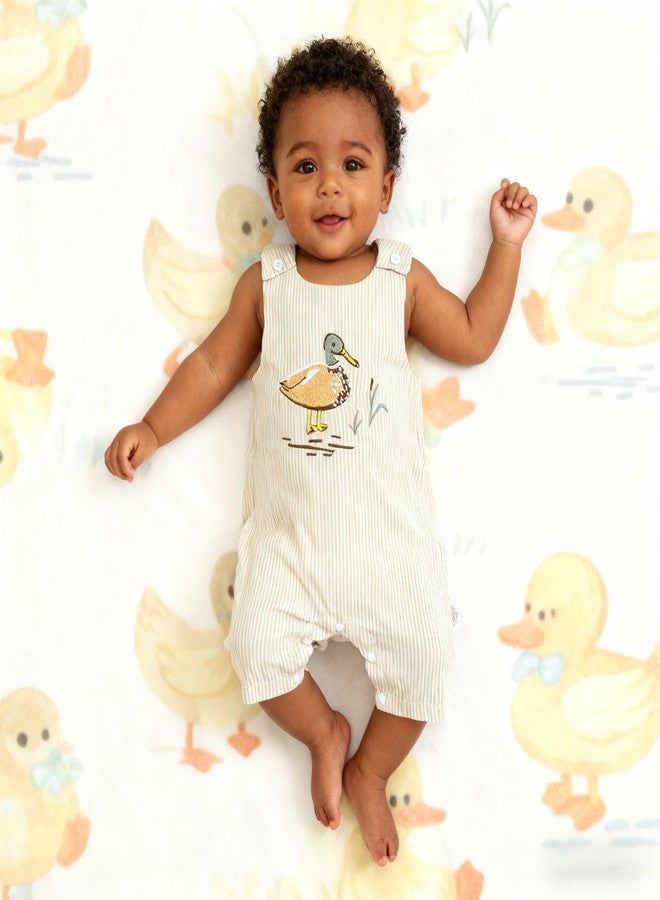 Yoawdats Newborn Baby Boy Girl Clothes Stripes Sleeveless Duck Embroidery Overall Romper Cute Infant Summer Spring Outfit (Apricot, 0-3 Months) - Image 2