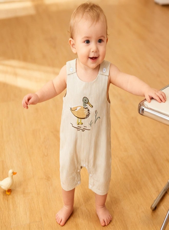Yoawdats Newborn Baby Boy Girl Clothes Stripes Sleeveless Duck Embroidery Overall Romper Cute Infant Summer Spring Outfit (Apricot, 0-3 Months) - Image 3