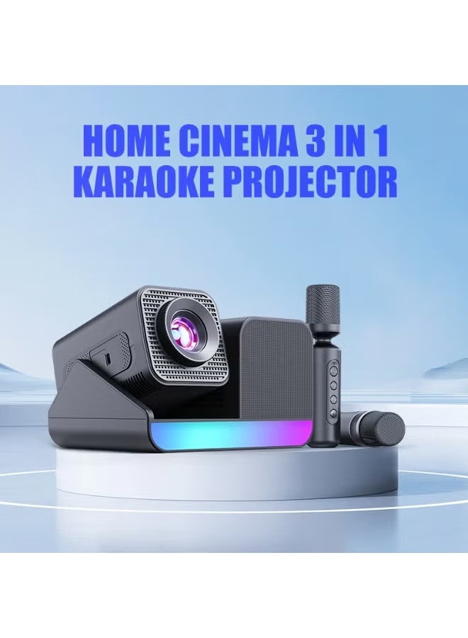 BlueFire Smart 3 in 1 Karaoke Projector HY-360Plus Android 11 Mini HD Projector with Dual Microphones 2x15W Speakers WiFi 6 Bluetooth 180° Rotatable Portable Home Theater Black - Image 1