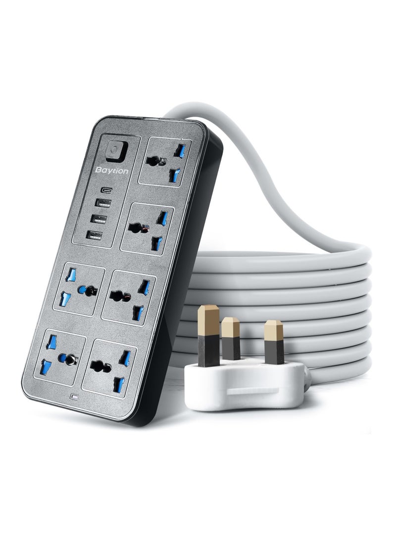 Arabest Universal Extension Lead with Multiple Function,UK Plug 3 Pin Socket Outlet with 6 Gang | 3 USB Port | 1 Type-C Port,1.8M Electric Socket Mains Strip for Home,Kitchen,and Office  - Image 1