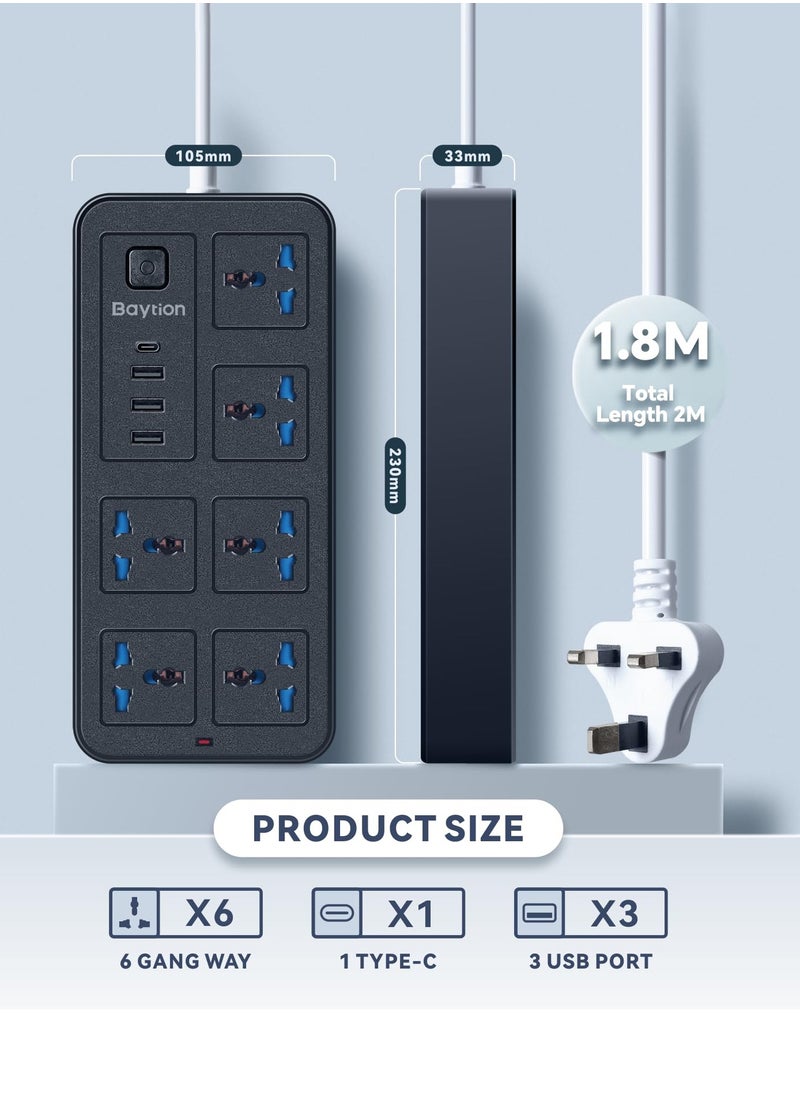 Arabest Universal Extension Lead with Multiple Function,UK Plug 3 Pin Socket Outlet with 6 Gang | 3 USB Port | 1 Type-C Port,1.8M Electric Socket Mains Strip for Home,Kitchen,and Office  - Image 2