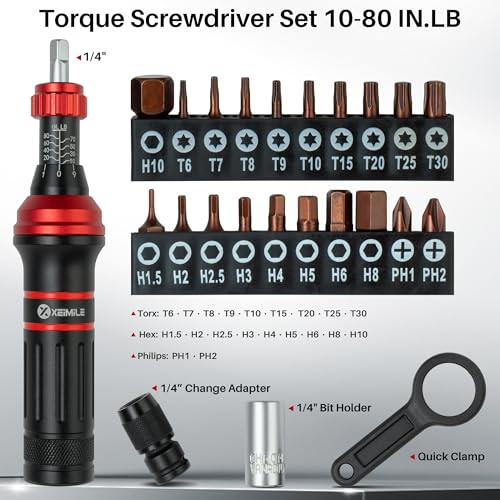 XEIMILE Torque Screwdriver 1080 InLb Inch Pound Torque Screwdriver Set with 14 Bit Holder Flat Hex Torx and Philips BitsSuitable for DIY Bicycle Maintenance Pecision ToolMechanical - Image 3