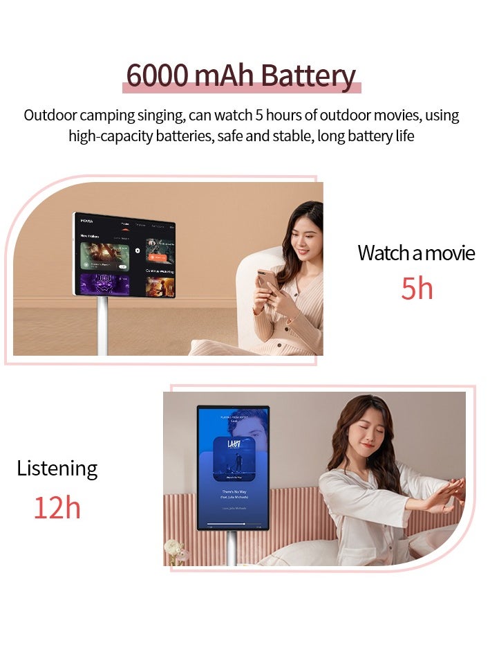 FlashHawk 21.5-Inch Portable TV with Adjustable Floor Touch Screen Smart TV | 6G RAM+128G Storage, 6000aMh Battery 8H Video Play Time, White  - Image 3
