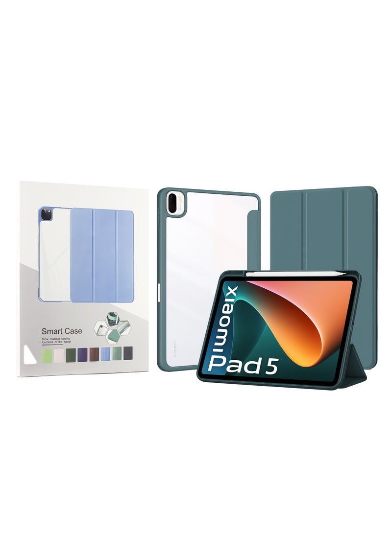 جراب لجهاز Xiaomi Pad 5 / Xiaomi Mi Pad 5 Pro مقاس 11 بوصة مع حامل قلم، جراب ذكي مقاوم للصدمات مع غطاء خلفي شفاف واقٍ متوافق مع iPad الجيل العاشر (أخضر)
