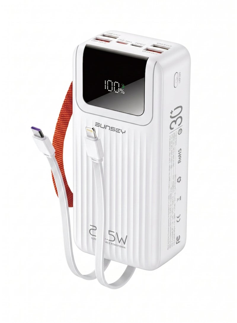 Bunsey Powerbank 30000mAh 22.5W Fast Charging with Built-in Type-C & Lightning Cables, LCD Battery Status Display, Power On Button, 4 USB Ports + 2 PD Ports (5 Outputs, 1 Input), Outdoor Carry Handle – Compatible with iPhone 15/14/13/12, Samsung S24/S23/S22, Xiaomi, Oppo, Vivo, Huawei | White - Image 1