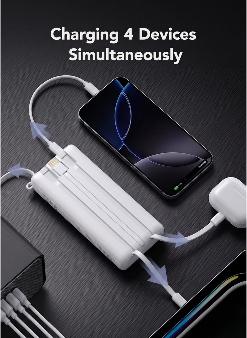 Bunsey Powerbank 30000mAh 22.5W Fast Charging with Built-in Type-C & Lightning Cables, LCD Battery Status Display, Power On Button, 4 USB Ports + 2 PD Ports (5 Outputs, 1 Input), Outdoor Carry Handle – Compatible with iPhone 15/14/13/12, Samsung S24/S23/S22, Xiaomi, Oppo, Vivo, Huawei | White - Image 3