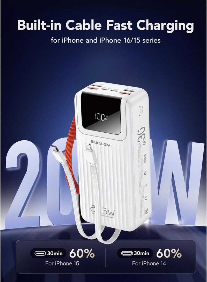 Bunsey Powerbank 30000mAh 22.5W Fast Charging with Built-in Type-C & Lightning Cables, LCD Battery Status Display, Power On Button, 4 USB Ports + 2 PD Ports (5 Outputs, 1 Input), Outdoor Carry Handle – Compatible with iPhone 15/14/13/12, Samsung S24/S23/S22, Xiaomi, Oppo, Vivo, Huawei | White - Image 2
