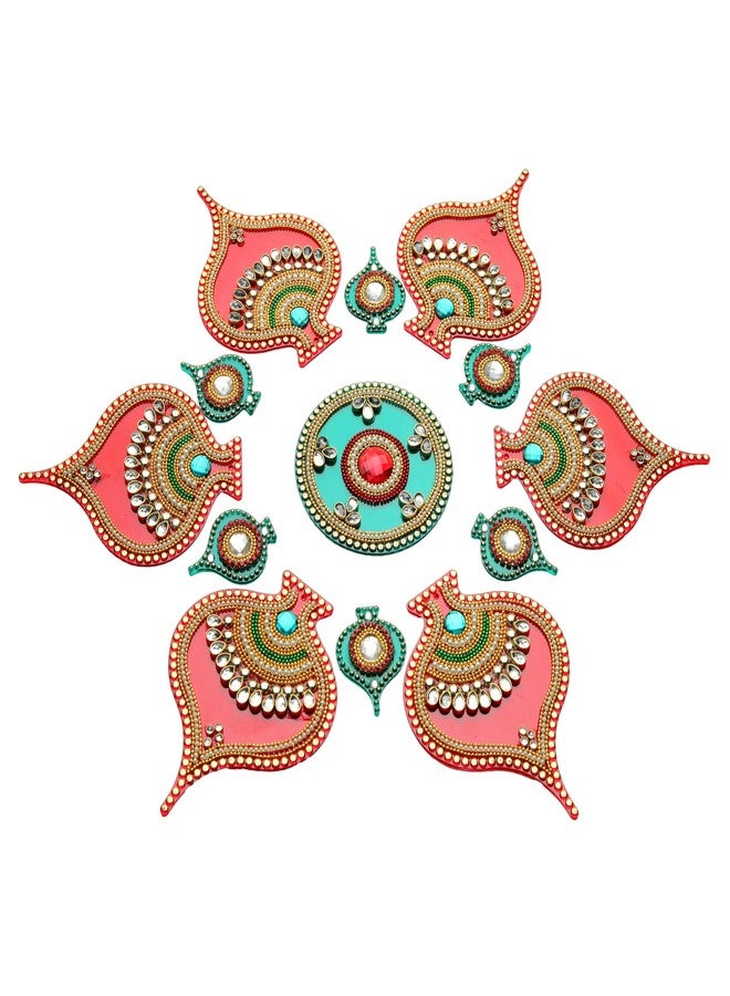 Aditri Creation Decorative Floor Rangoli Flower Design Reusable Acrylic Rangoli Home Decor Gift for Home Interior Floor Indian Traditional Festival of Lights Diwali Decorations and Return Gifts(Size:-13")(Red,Green) - Image 2