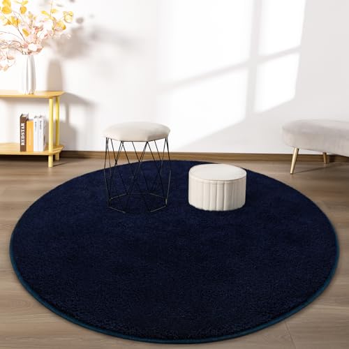 FlyDOIT Round Area Rugs for Bedroom Living Room, 4x4 Navy Blue Super Soft Comfy Thickened Memory-Foam Indoor Circle Carpets, Modern Aesthetic Minimalist Carpet for Boys Girls Adults Nursery Home Décor - Image 3