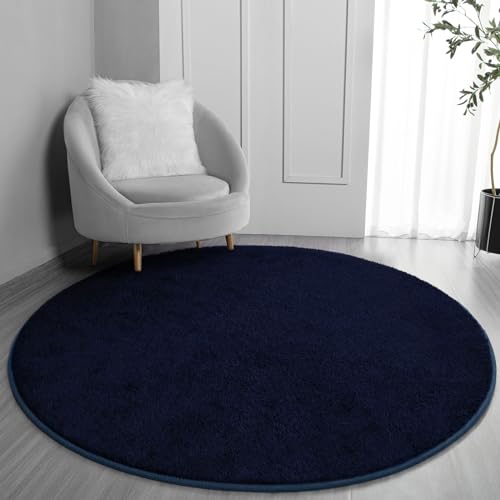 FlyDOIT Round Area Rugs for Bedroom Living Room, 4x4 Navy Blue Super Soft Comfy Thickened Memory-Foam Indoor Circle Carpets, Modern Aesthetic Minimalist Carpet for Boys Girls Adults Nursery Home Décor - Image 1