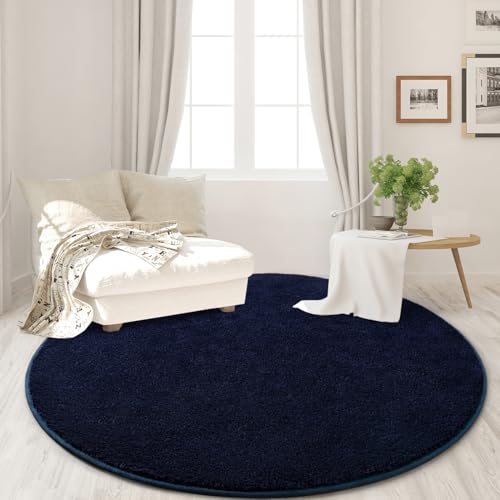 FlyDOIT Round Area Rugs for Bedroom Living Room, 4x4 Navy Blue Super Soft Comfy Thickened Memory-Foam Indoor Circle Carpets, Modern Aesthetic Minimalist Carpet for Boys Girls Adults Nursery Home Décor - Image 2