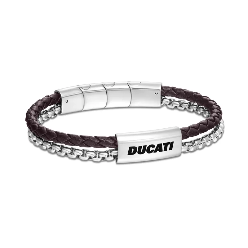 Ducati Drifter Brown Leather with Silver Chain Bracelet for Men