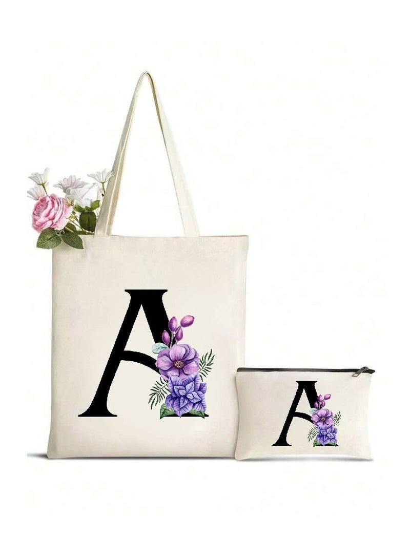 PRINTSHOP4ME Initial Monogrammed Canvas Tote Bag and Matching Makeup Bag Set - Thoughtful Gifts for Women, Teachers, College Students, Bridesmaids, Reusable Grocery Bags, Wedding, Holiday Shopping and Travel - Image 1