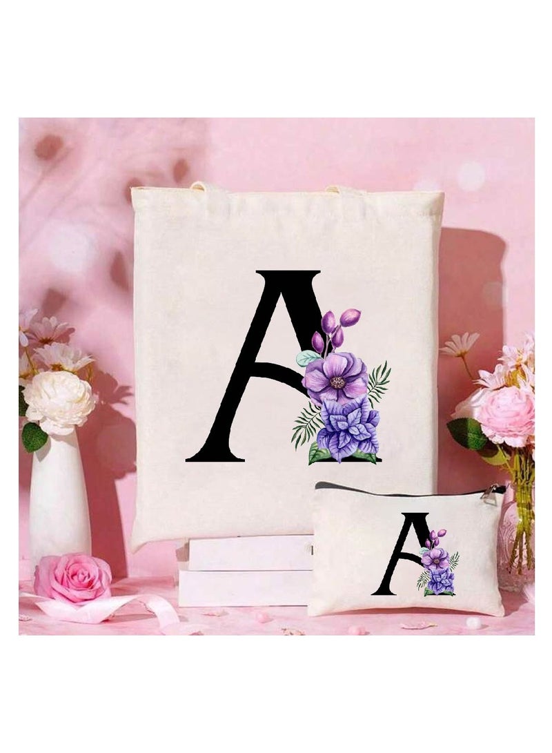 PRINTSHOP4ME Initial Monogrammed Canvas Tote Bag and Matching Makeup Bag Set - Thoughtful Gifts for Women, Teachers, College Students, Bridesmaids, Reusable Grocery Bags, Wedding, Holiday Shopping and Travel - Image 2